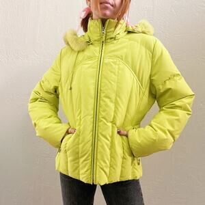 LEL Lime Green Down Feather Fur Trim Puffer Ski Jacket
